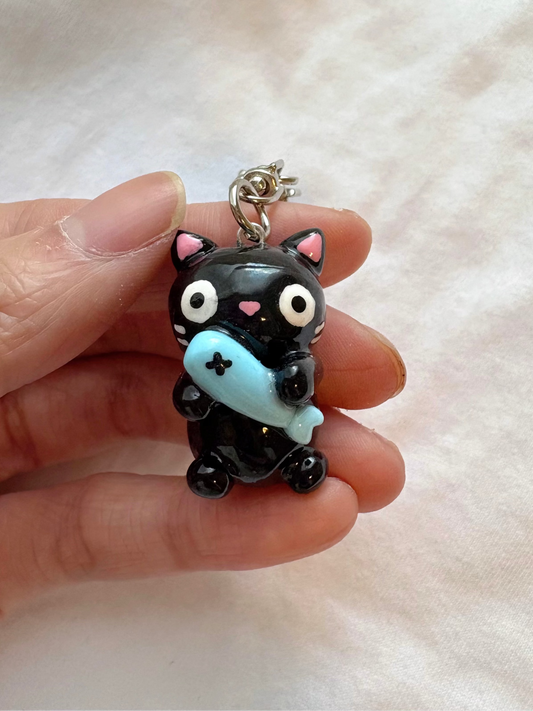 Black Cat & Fish Clay Keychain